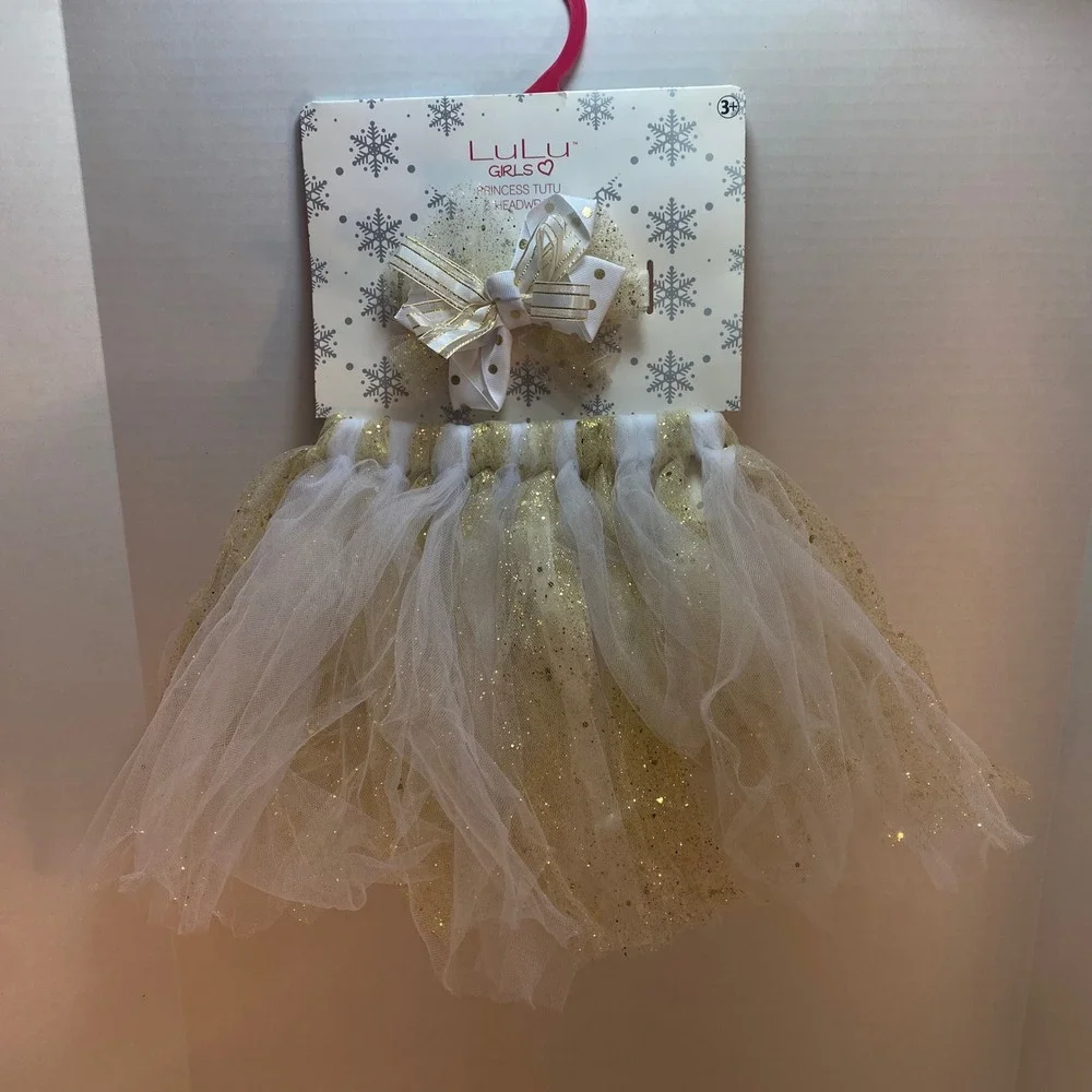 Lulu‎ Girls Princess Tutu Headwrap Set White Gold Sparkle Toddler Dress-up NEW